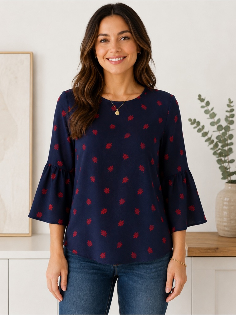 Alfred Sung Navy Bell Sleeve Blouse Red Leaf Print Size Medium